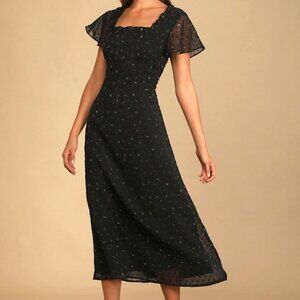 Lulus So Kiss Me Black Floral Print Swiss Dot Maxi Dress - Size M